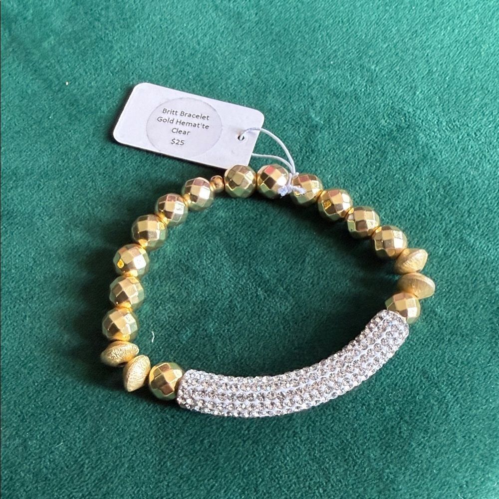 Stretch Bracelet Gold Hematite Stone Beads & Crystal Rhinestone Bar NEW